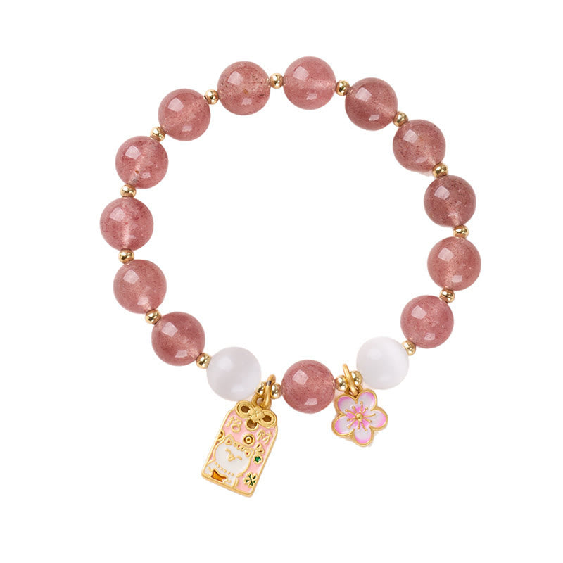 Buddha Stones Lucky Cat Peach Blossoms Charm Strawberry Quartz White Cat's Eye Healing Bracelet