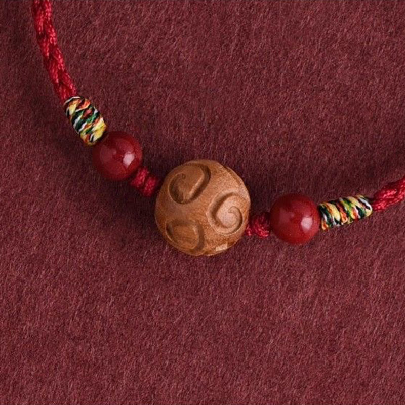 Buddha Stones Carved Auspicious Pattern Natural Peach Wood Rope Luck Bracelet