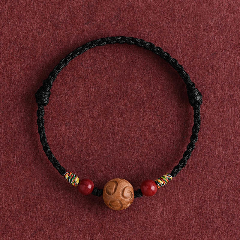 Buddha Stones Carved Auspicious Pattern Natural Peach Wood Rope Luck Bracelet