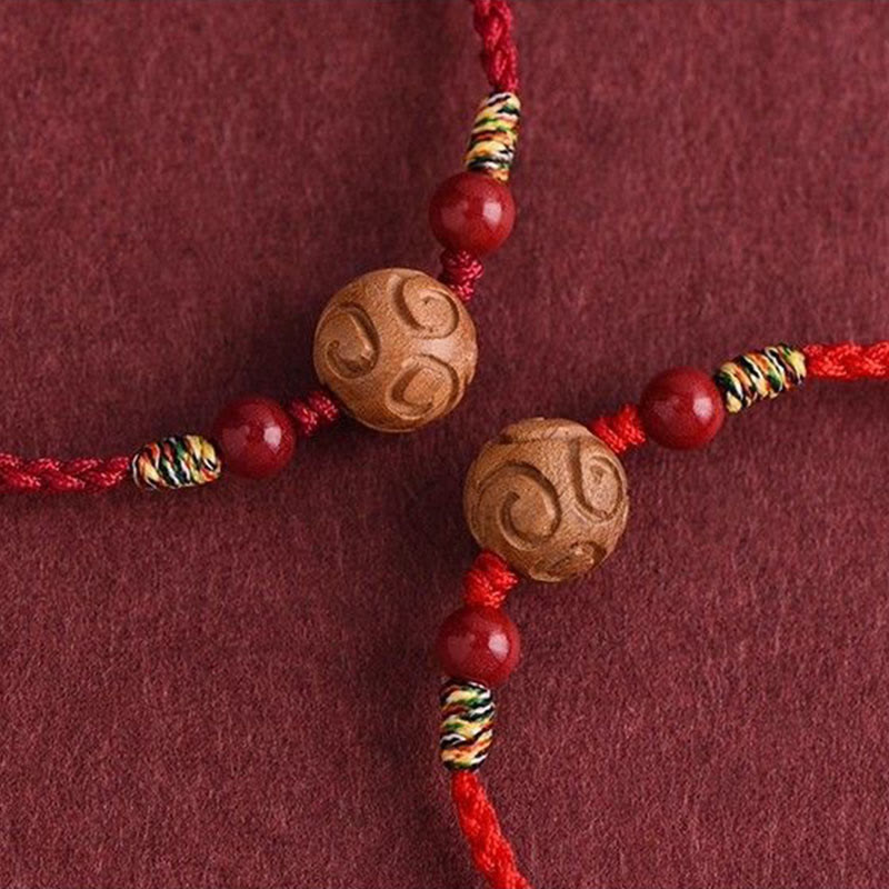 Buddha Stones Carved Auspicious Pattern Natural Peach Wood Rope Luck Bracelet