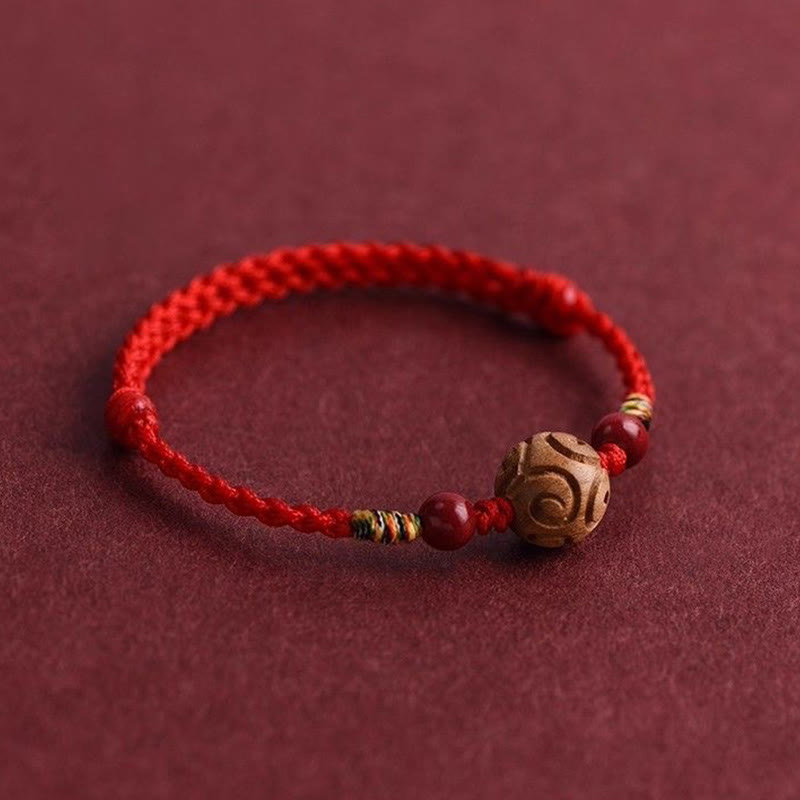 Buddha Stones Carved Auspicious Pattern Natural Peach Wood Rope Luck Bracelet