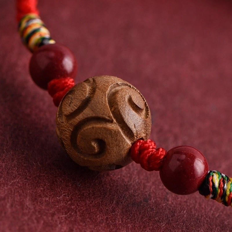 Buddha Stones Carved Auspicious Pattern Natural Peach Wood Rope Luck Bracelet