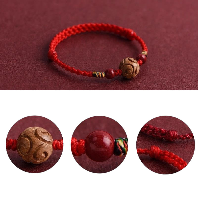 Buddha Stones Carved Auspicious Pattern Natural Peach Wood Rope Luck Bracelet