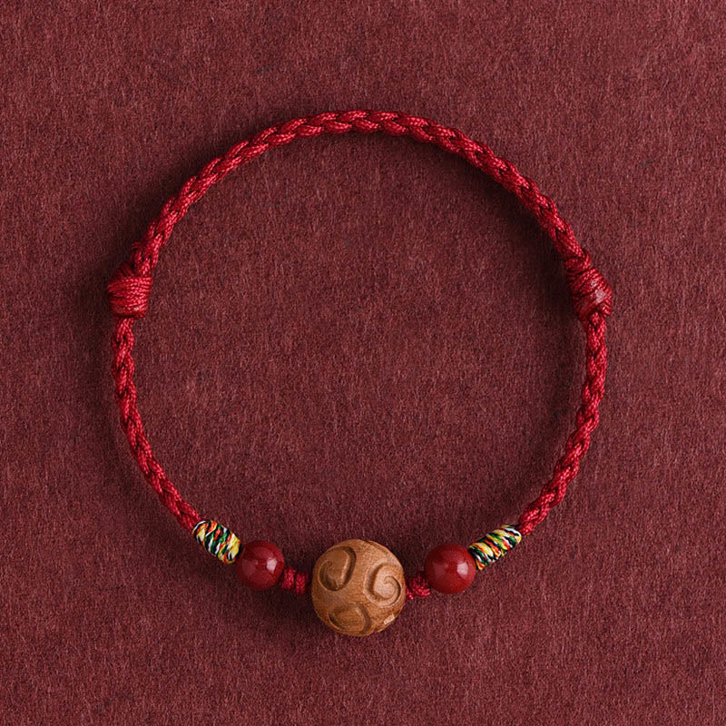 Buddha Stones Carved Auspicious Pattern Natural Peach Wood Rope Luck Bracelet