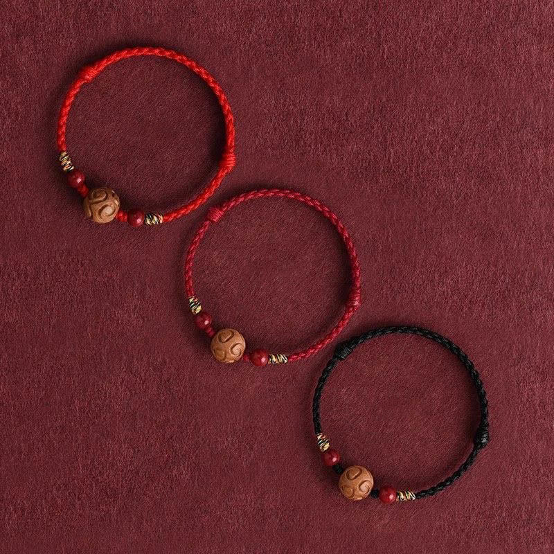 Buddha Stones Carved Auspicious Pattern Natural Peach Wood Rope Luck Bracelet