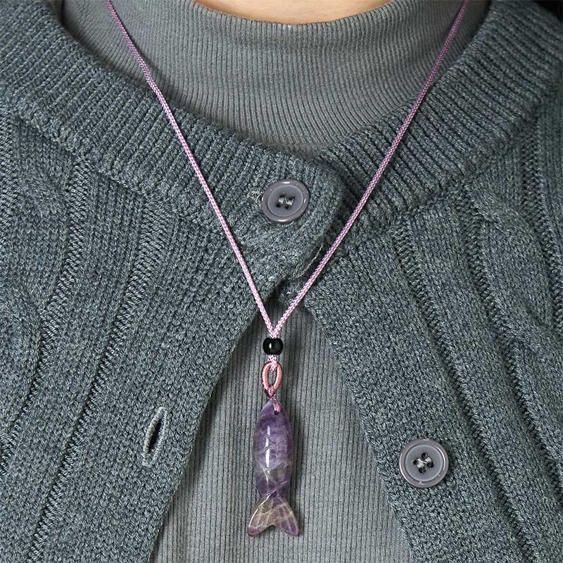 Buddha Stones Carving Koi Fish Pink Crystal Indian Agate Amethyst Warmth Prosperity Necklace Pendant