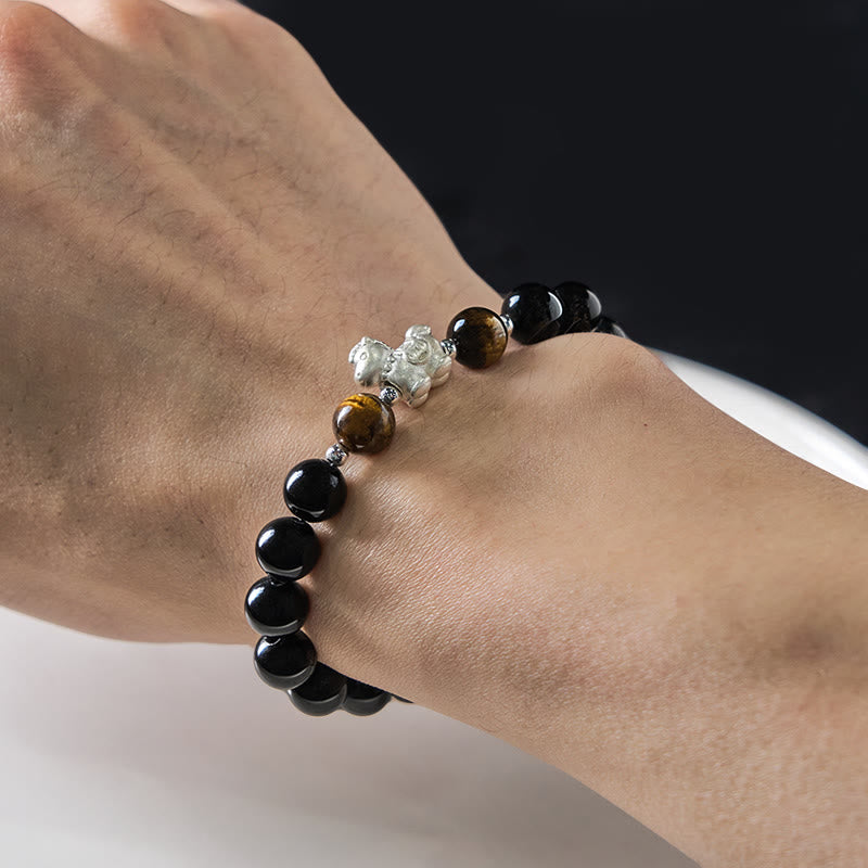 Buddha Stones Year Of The Horse 999 Sterling Silver Horse Charm Black Obsidian Tiger Eye Strength Bracelet