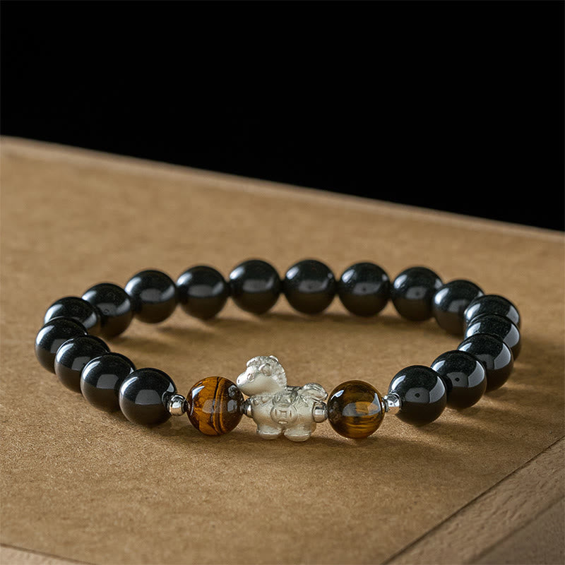 Buddha Stones Year Of The Horse 999 Sterling Silver Horse Charm Black Obsidian Tiger Eye Strength Bracelet
