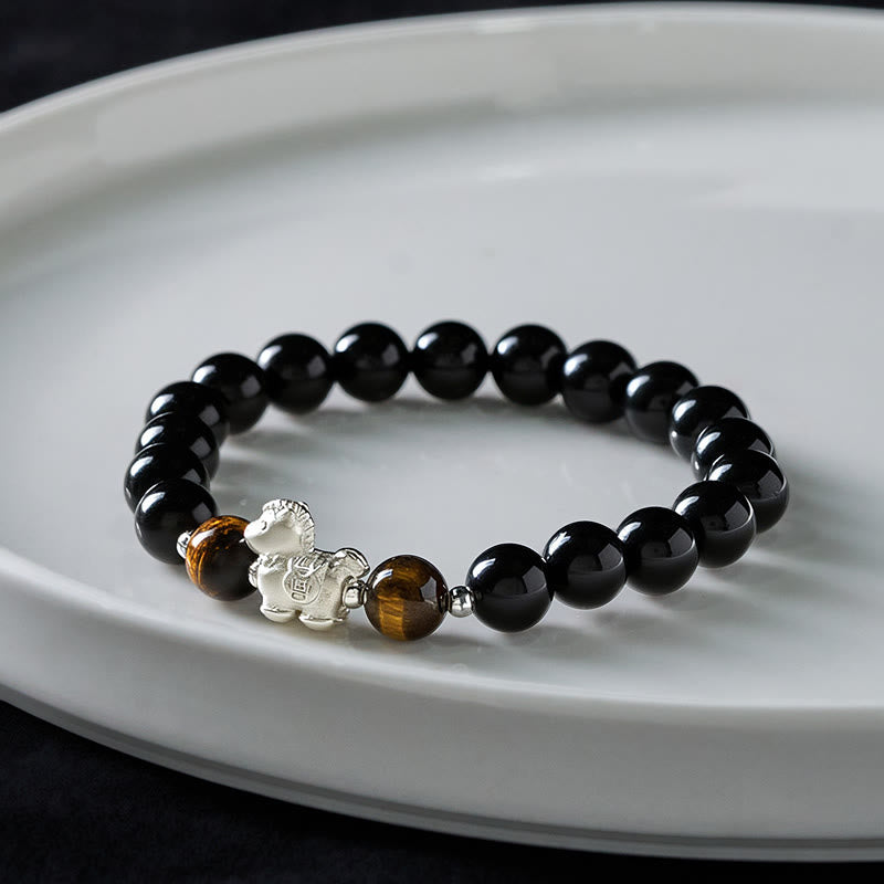 Buddha Stones Year Of The Horse 999 Sterling Silver Horse Charm Black Obsidian Tiger Eye Strength Bracelet