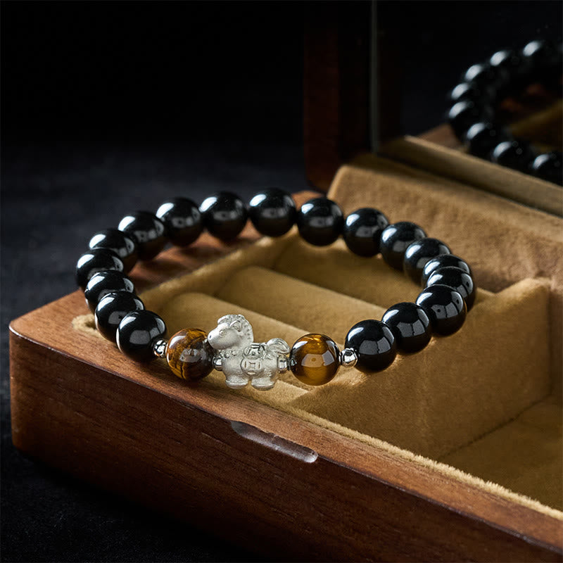 Buddha Stones Year Of The Horse 999 Sterling Silver Horse Charm Black Obsidian Tiger Eye Strength Bracelet