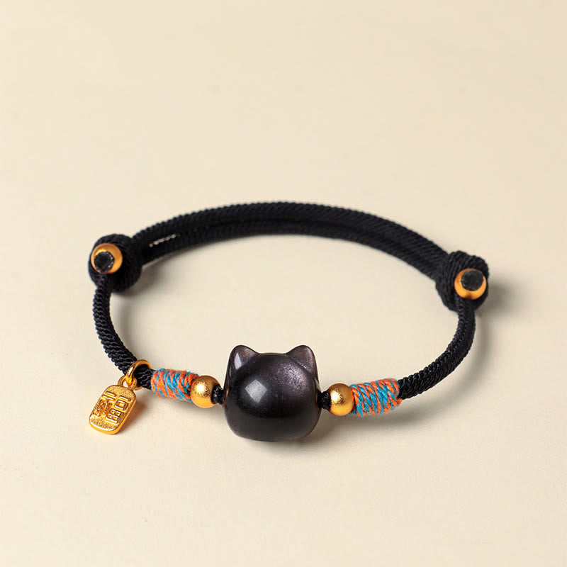 Buddha Stones Cat Fu Character Silver Sheen Obsidian Pink Crystal String Protection Bracelet