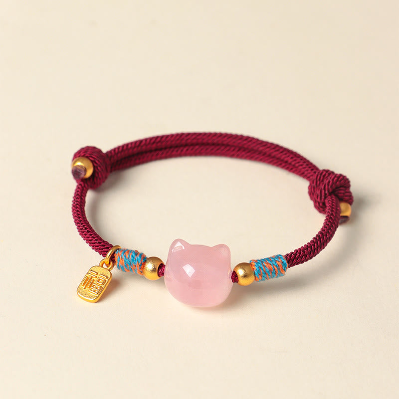 Buddha Stones Cat Fu Character Silver Sheen Obsidian Pink Crystal String Protection Bracelet