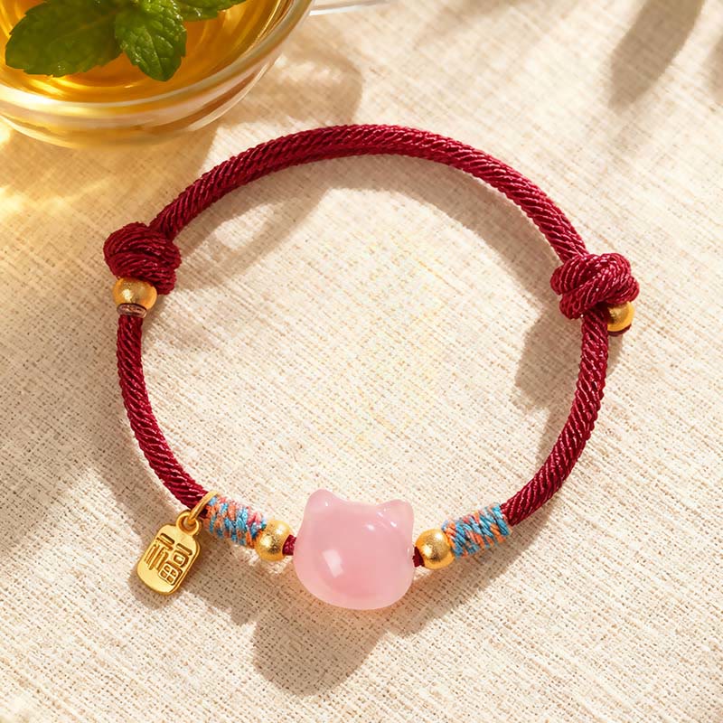Buddha Stones Cat Fu Character Silver Sheen Obsidian Pink Crystal String Protection Bracelet