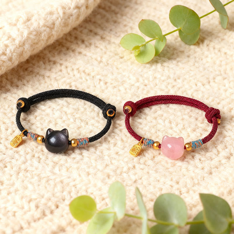 Buddha Stones Cat Fu Character Silver Sheen Obsidian Pink Crystal String Protection Bracelet