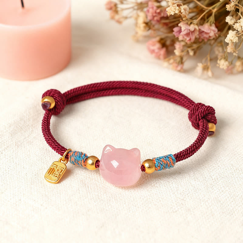Buddha Stones Cat Fu Character Silver Sheen Obsidian Pink Crystal String Protection Bracelet