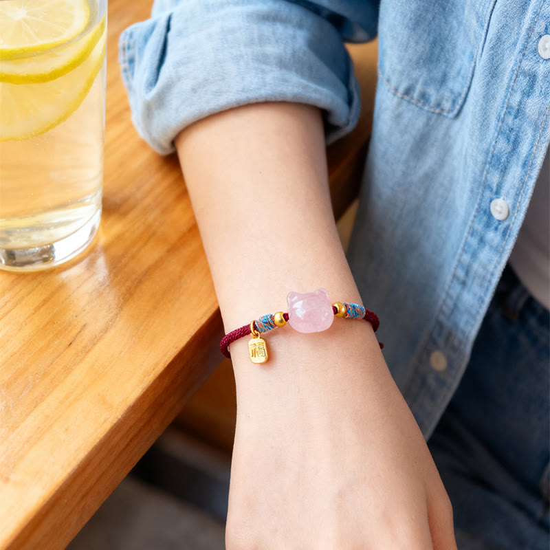 Buddha Stones Cat Fu Character Silver Sheen Obsidian Pink Crystal String Protection Bracelet