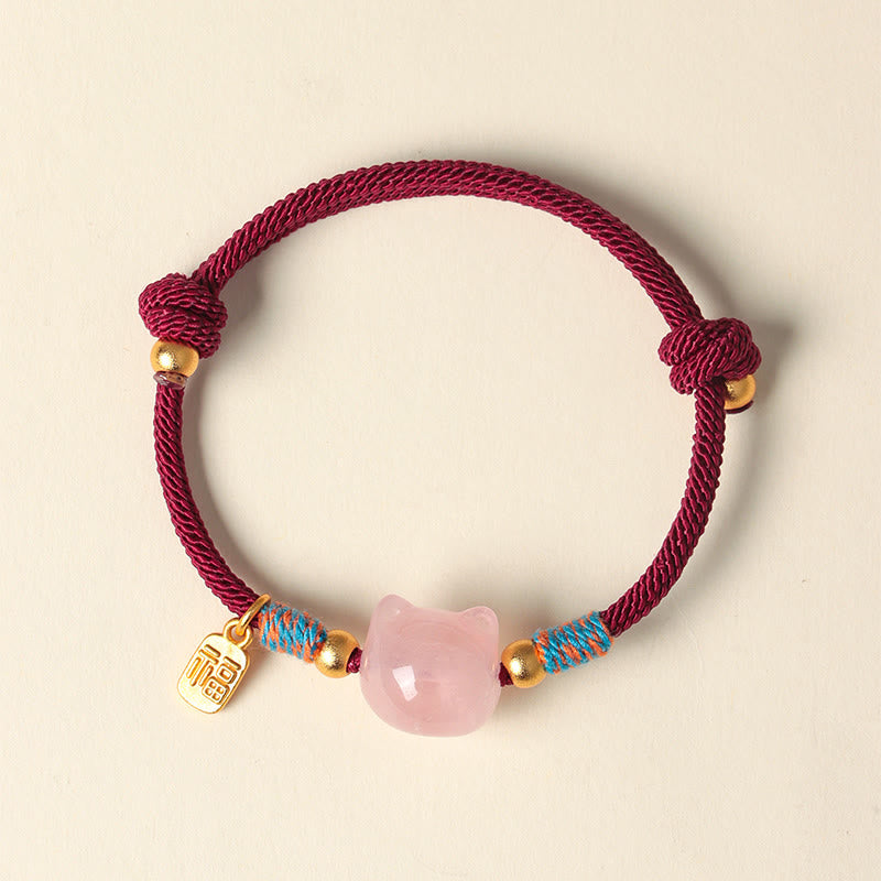Buddha Stones Cat Fu Character Silver Sheen Obsidian Pink Crystal String Protection Bracelet