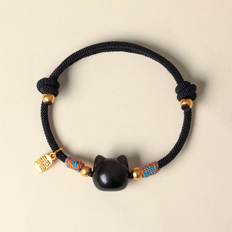 Buddha Stones Cat Fu Character Silver Sheen Obsidian Pink Crystal String Protection Bracelet