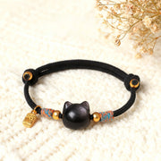 Buddha Stones Cat Fu Character Silver Sheen Obsidian Pink Crystal String Protection Bracelet