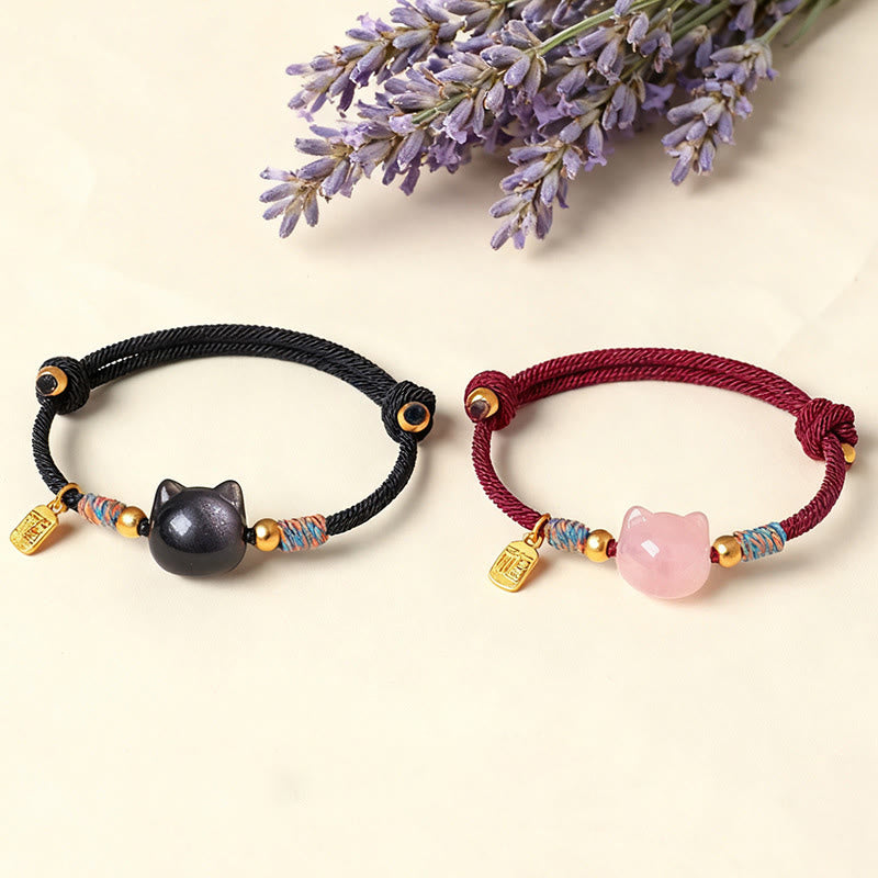 Buddha Stones Cat Fu Character Silver Sheen Obsidian Pink Crystal String Protection Bracelet