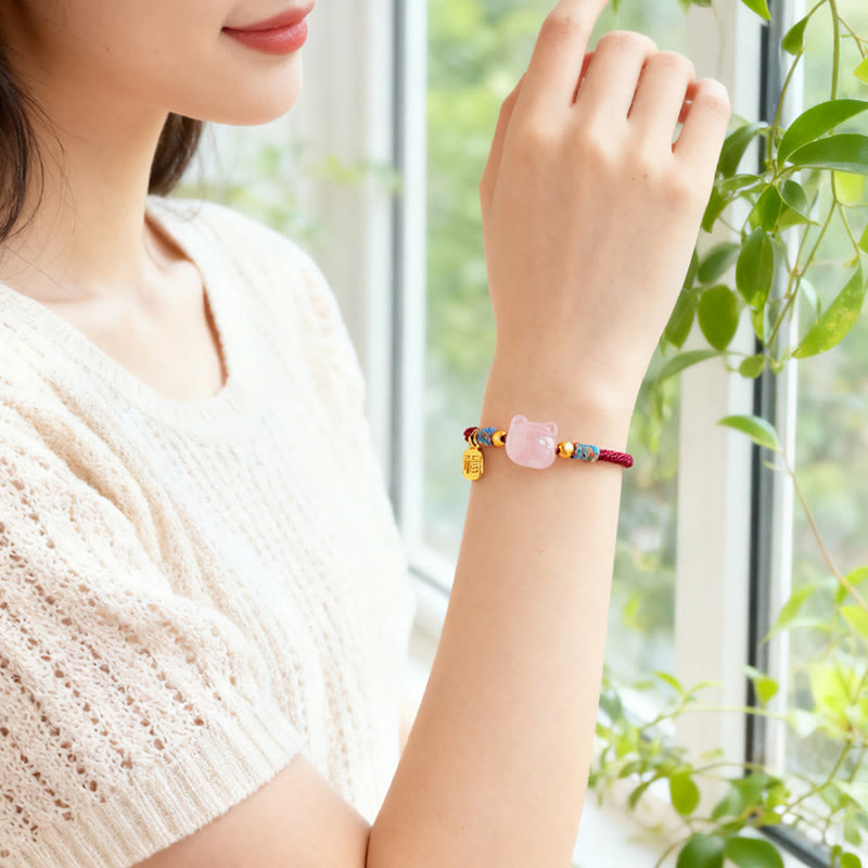 Buddha Stones Cat Fu Character Silver Sheen Obsidian Pink Crystal String Protection Bracelet