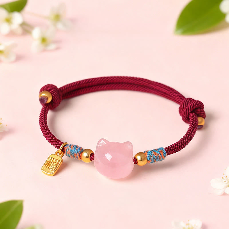 Buddha Stones Cat Fu Character Silver Sheen Obsidian Pink Crystal String Protection Bracelet