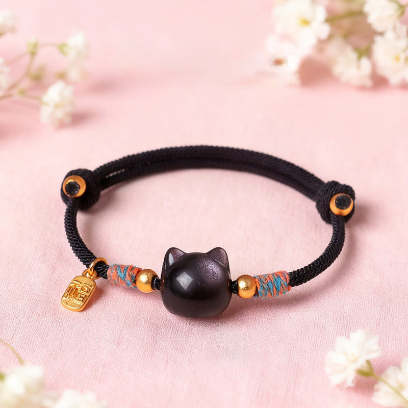 Buddha Stones Cat Fu Character Silver Sheen Obsidian Pink Crystal String Protection Bracelet