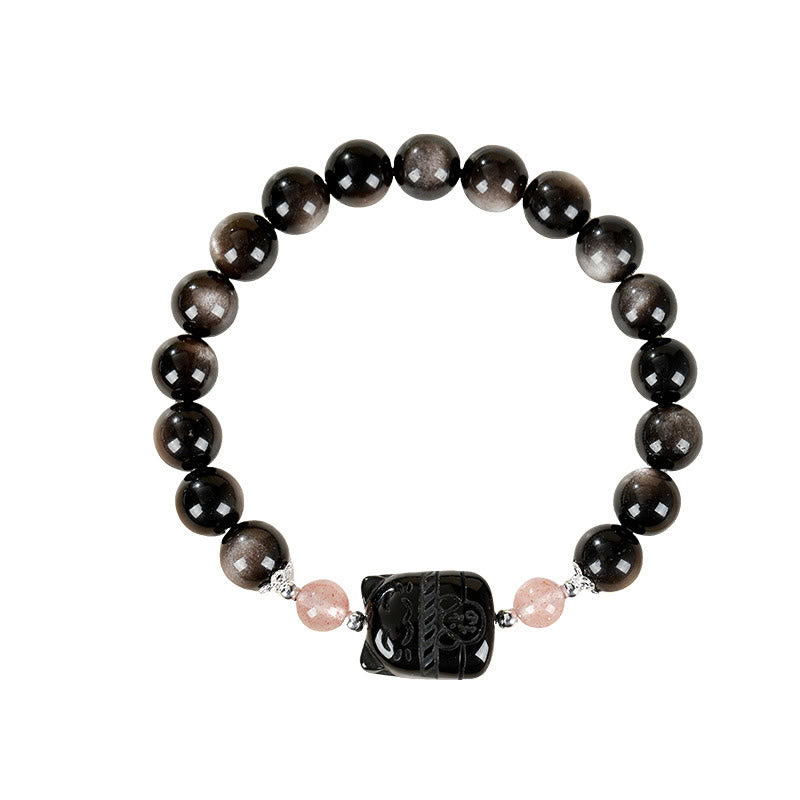 Buddha Stones Cat Silver Sheen Obsidian Strawberry Quartz Protection Bracelet