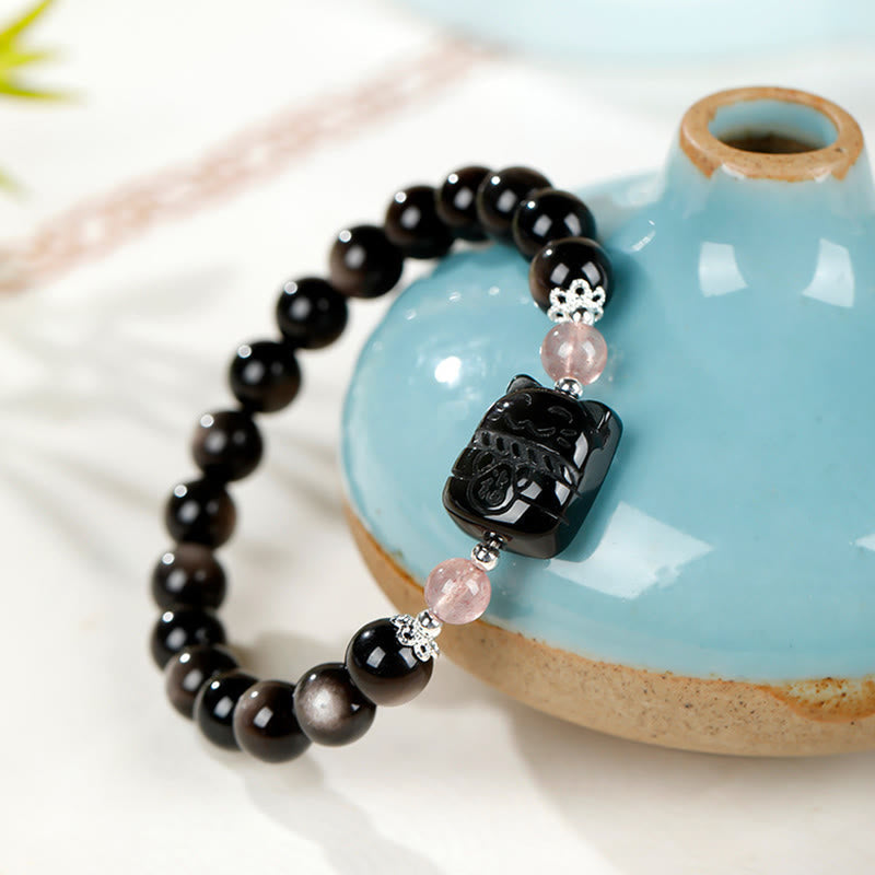 Buddha Stones Cat Silver Sheen Obsidian Strawberry Quartz Protection Bracelet