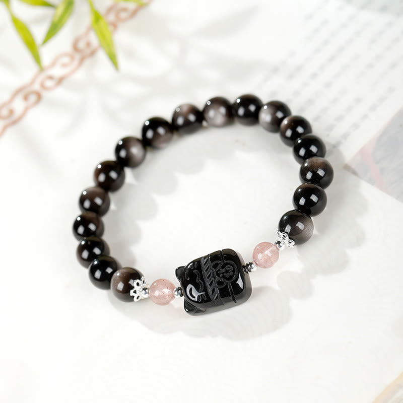 Buddha Stones Cat Silver Sheen Obsidian Strawberry Quartz Protection Bracelet