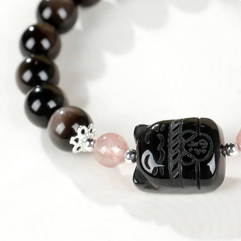 Buddha Stones Cat Silver Sheen Obsidian Strawberry Quartz Protection Bracelet