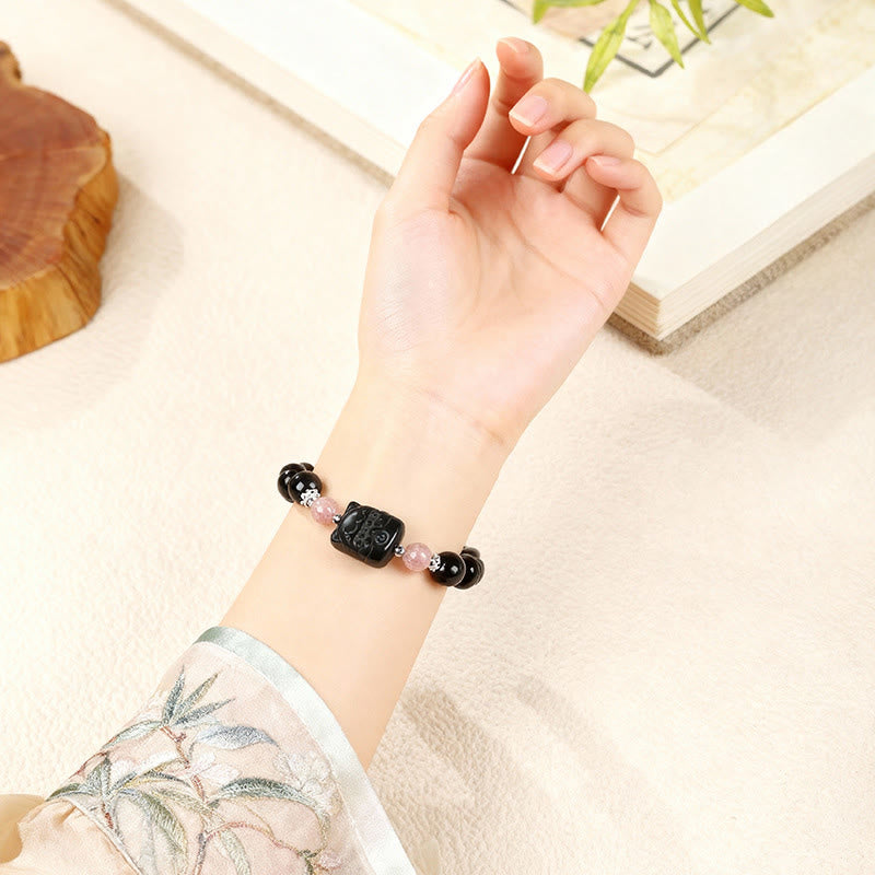 Buddha Stones Cat Silver Sheen Obsidian Strawberry Quartz Protection Bracelet