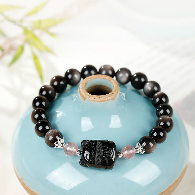 Buddha Stones Cat Silver Sheen Obsidian Strawberry Quartz Protection Bracelet