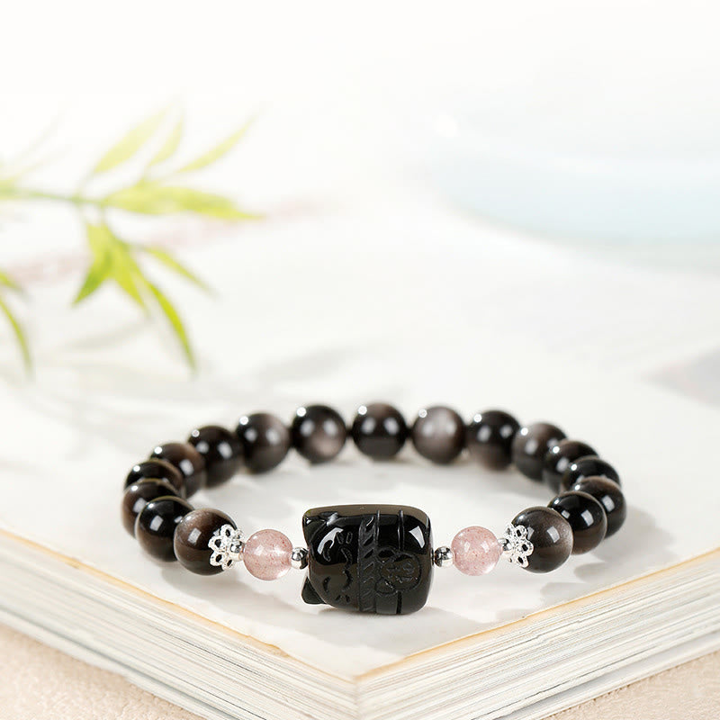 Buddha Stones Cat Silver Sheen Obsidian Strawberry Quartz Protection Bracelet