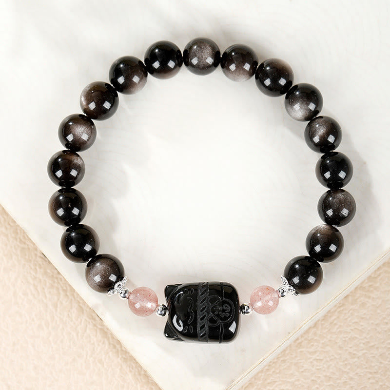 Buddha Stones Cat Silver Sheen Obsidian Strawberry Quartz Protection Bracelet