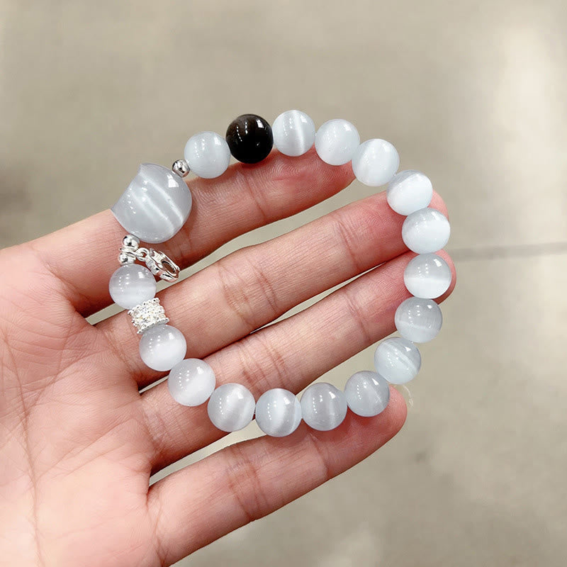 Buddha Stones Cat Head White Cat's Eye Silver Sheen Obsidian Positive Bracelet