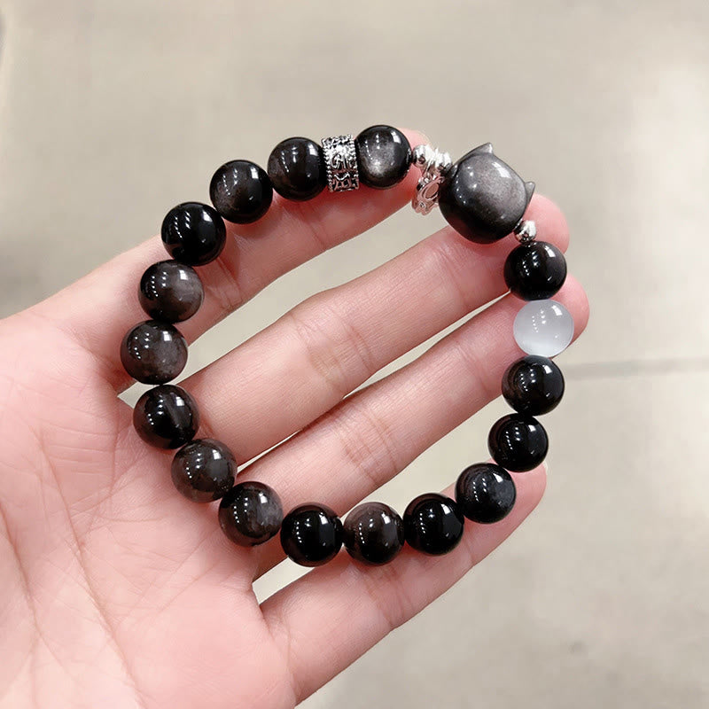 Buddha Stones Cat Head White Cat's Eye Silver Sheen Obsidian Positive Bracelet