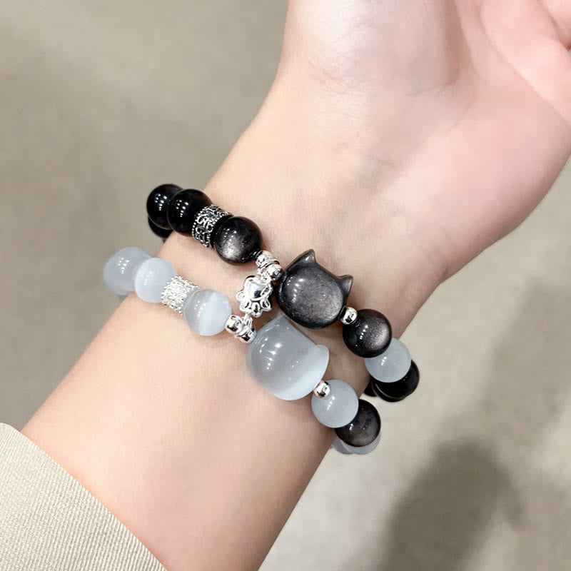 Buddha Stones Cat Head White Cat's Eye Silver Sheen Obsidian Positive Bracelet