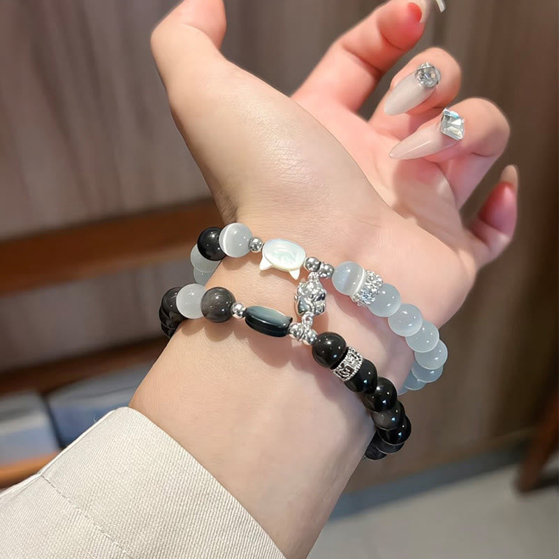 Buddha Stones Cat Head White Cat's Eye Silver Sheen Obsidian Positive Bracelet