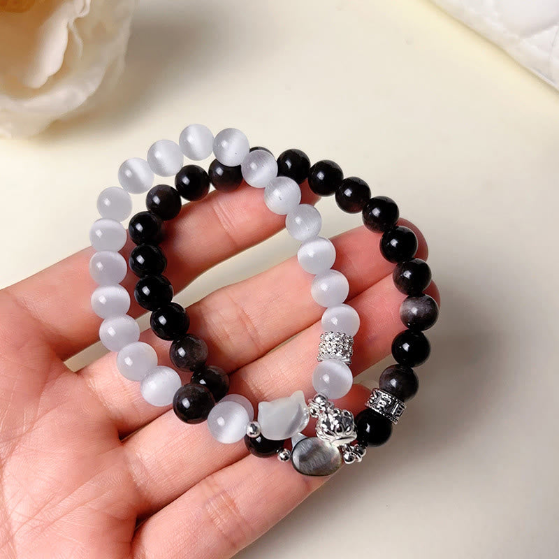 Buddha Stones Cat Head White Cat's Eye Silver Sheen Obsidian Positive Bracelet