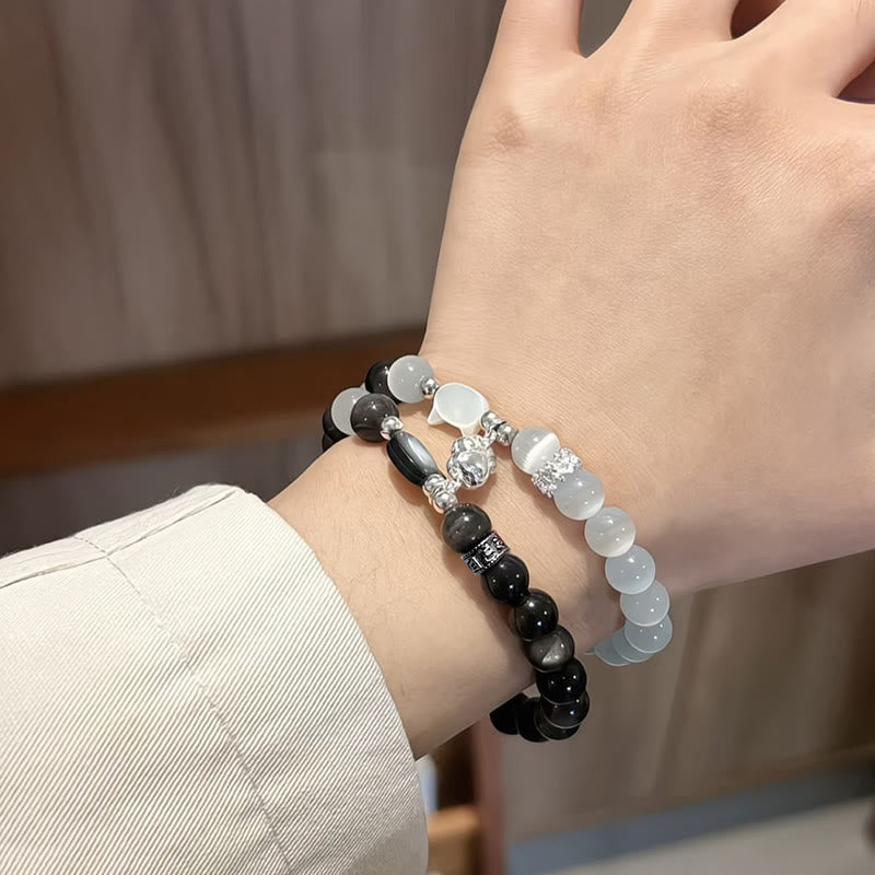 Buddha Stones Cat Head White Cat's Eye Silver Sheen Obsidian Positive Bracelet