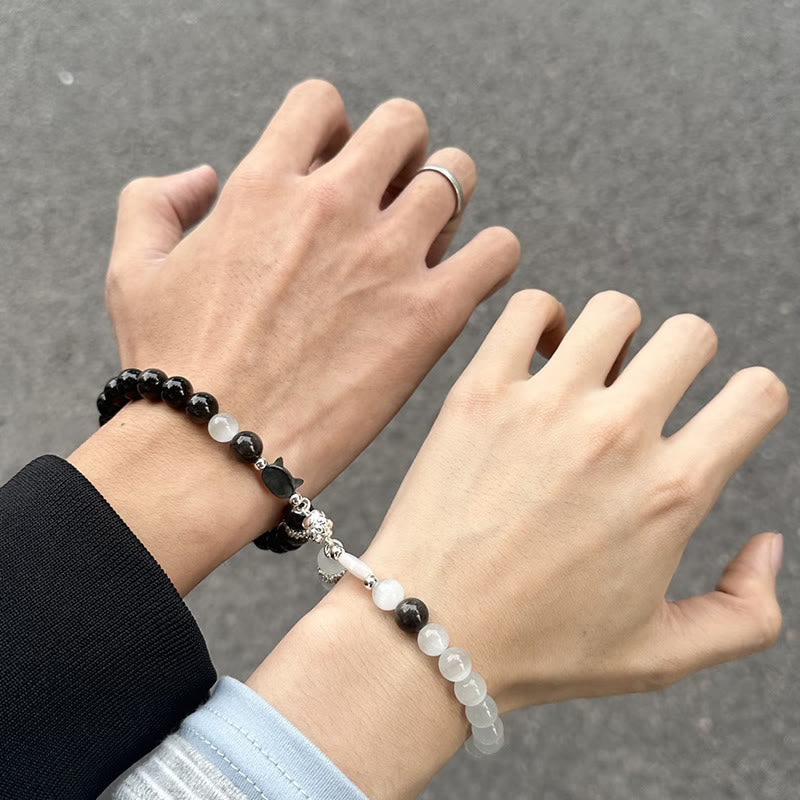 Buddha Stones Cat Head White Cat's Eye Silver Sheen Obsidian Positive Bracelet