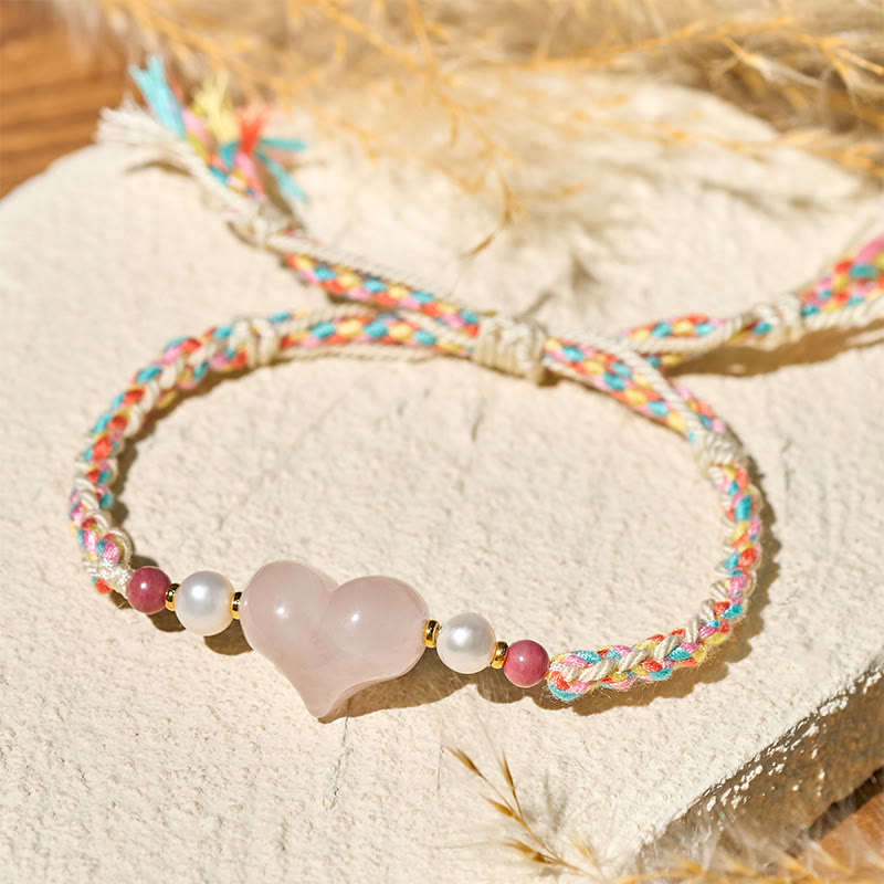 Buddha Stones Heart Design Pink Crystal Braided Rope Warmth Love Bracelet