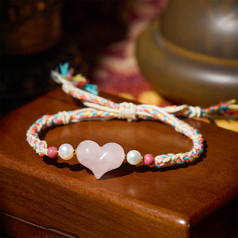Buddha Stones Heart Design Pink Crystal Braided Rope Warmth Love Bracelet