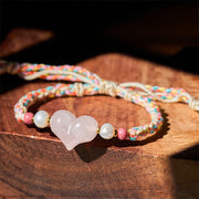 Buddha Stones Heart Design Pink Crystal Braided Rope Warmth Love Bracelet