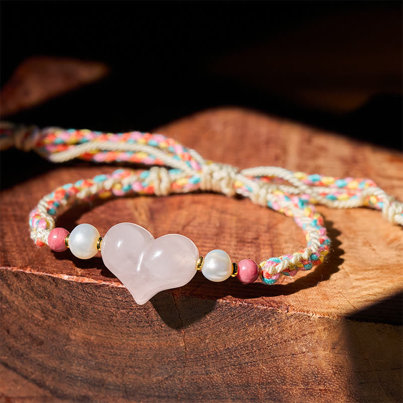 Buddha Stones Heart Design Pink Crystal Braided Rope Warmth Love Bracelet
