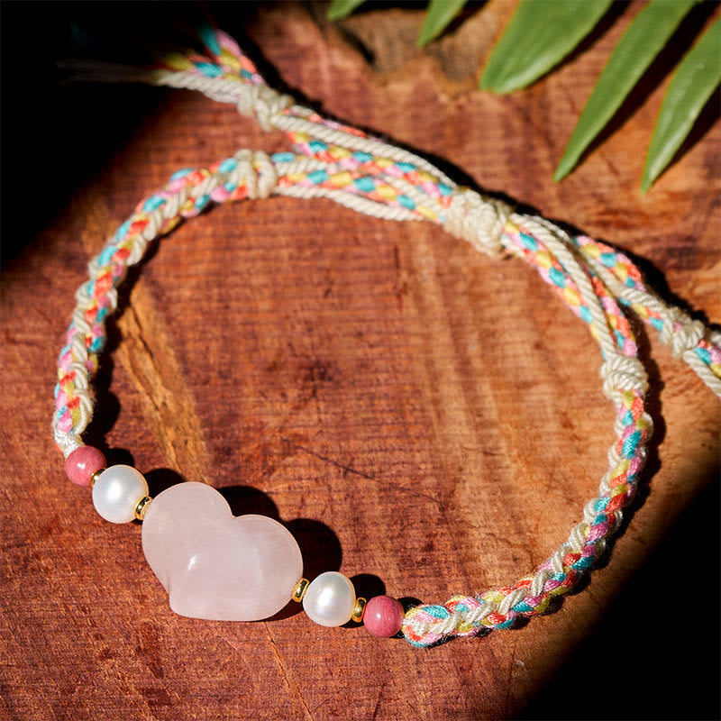 Buddha Stones Heart Design Pink Crystal Braided Rope Warmth Love Bracelet