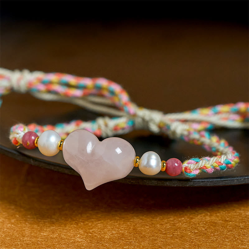 Buddha Stones Heart Design Pink Crystal Braided Rope Warmth Love Bracelet