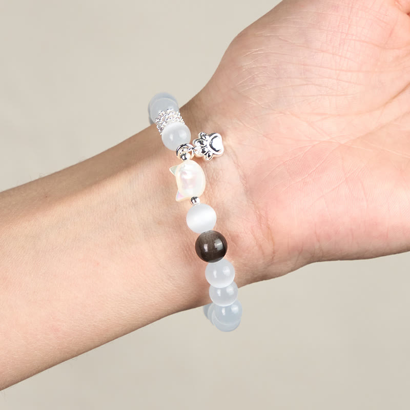 Buddha Stones Cat Head White Cat's Eye Silver Sheen Obsidian Positive Bracelet