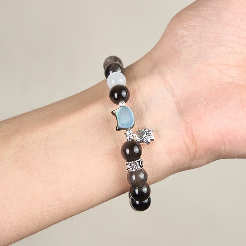 Buddha Stones Cat Head White Cat's Eye Silver Sheen Obsidian Positive Bracelet